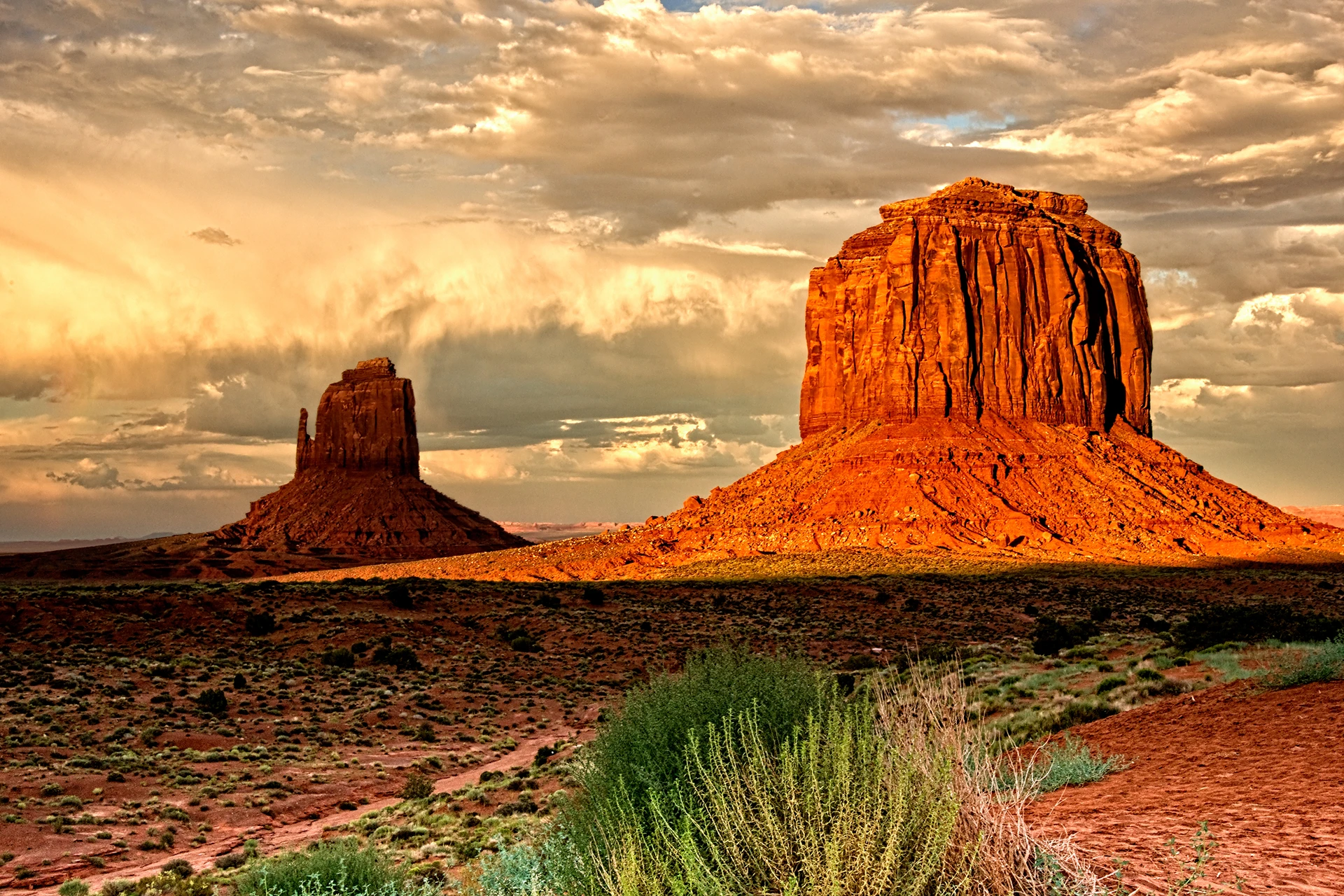 Monument Valley rock formations at sunset.